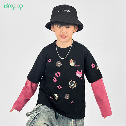 Bropop早秋童装儿童t男童t恤长袖早秋上衣2024新款打底衫假两件