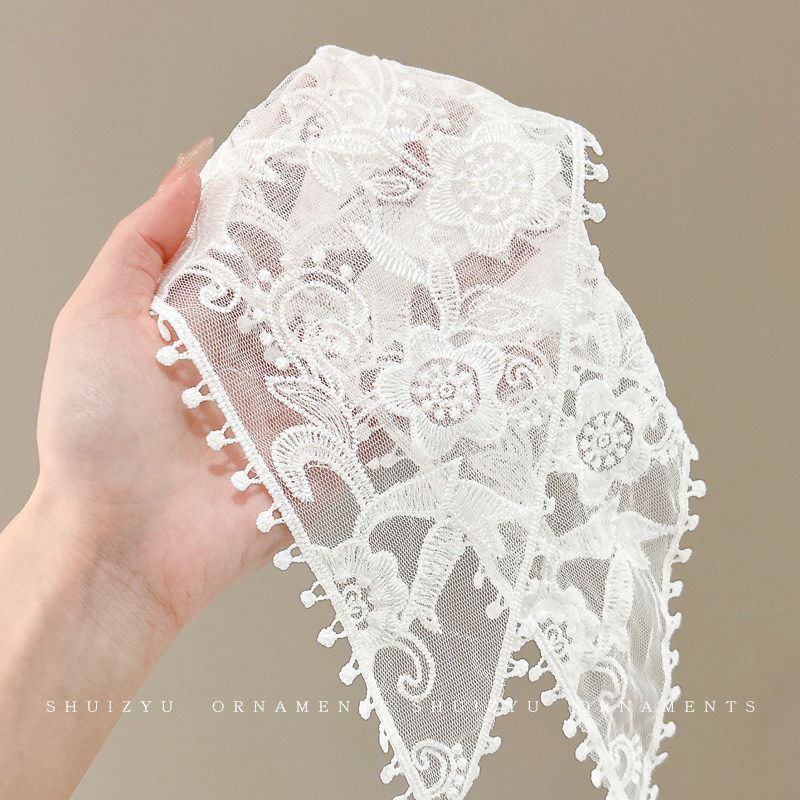 法式蕾丝田园风头巾女白色花朵小方巾三角巾腰巾花边发带丝巾绑发