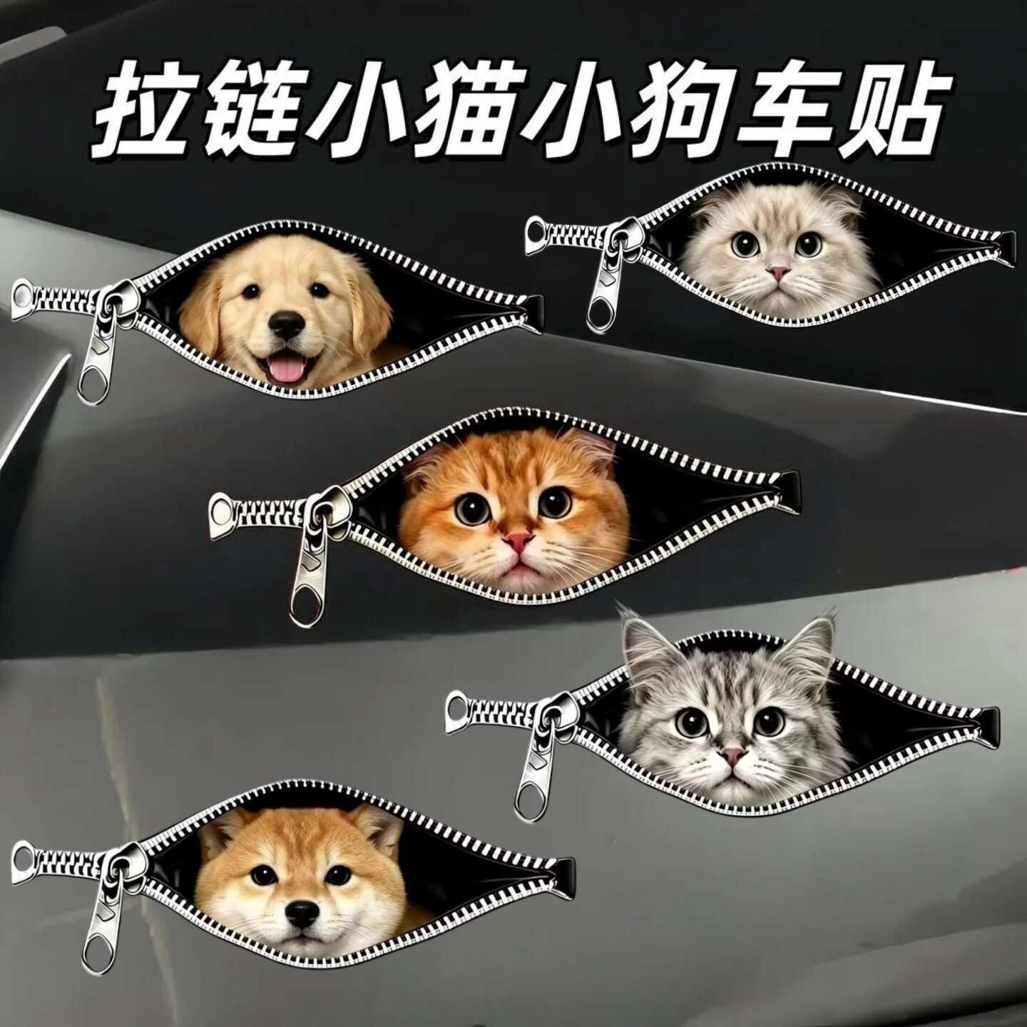 猫咪拉链车贴拉链贴纸汽车装饰贴遮挡划痕可爱喵星人居家日用装饰