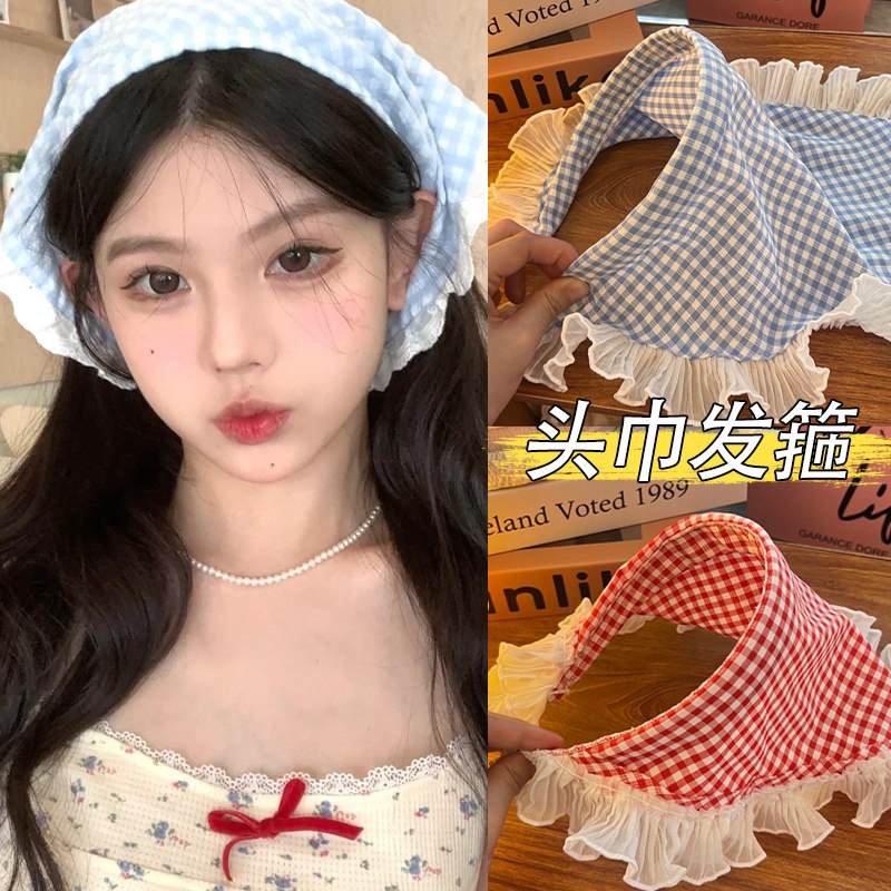 红蓝格子头巾发箍田园风三角巾女2024新款包头发带高级感海边头箍