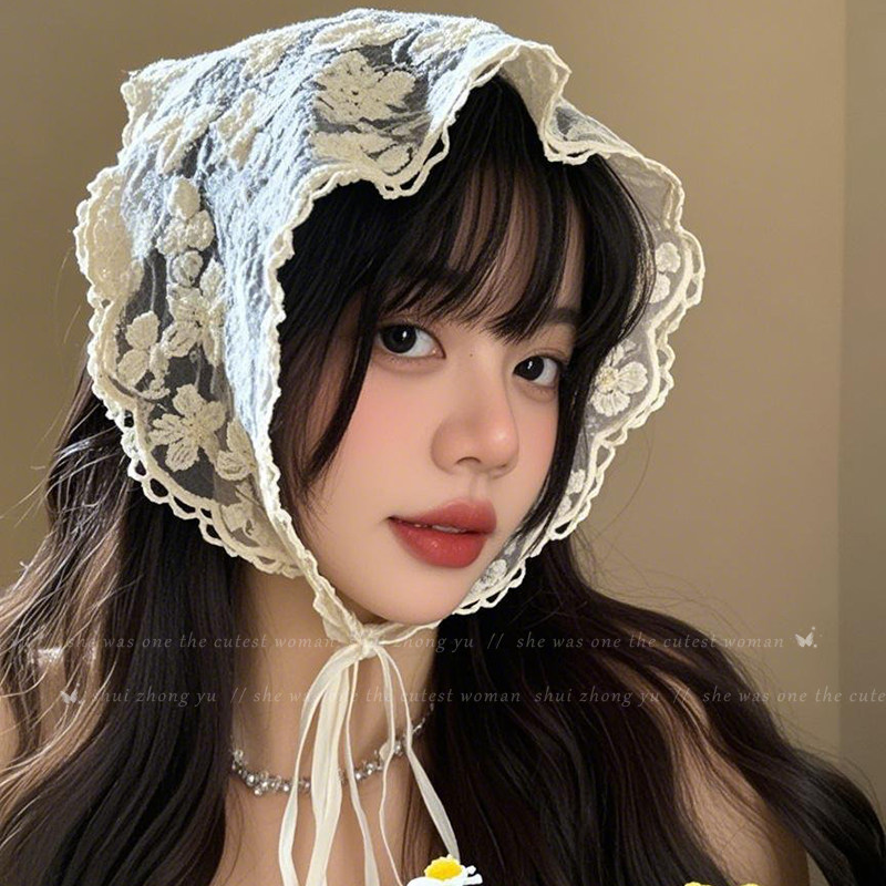 法式蕾丝花边三角巾2025新款田园风头巾女小方巾花朵发带丝巾绑发