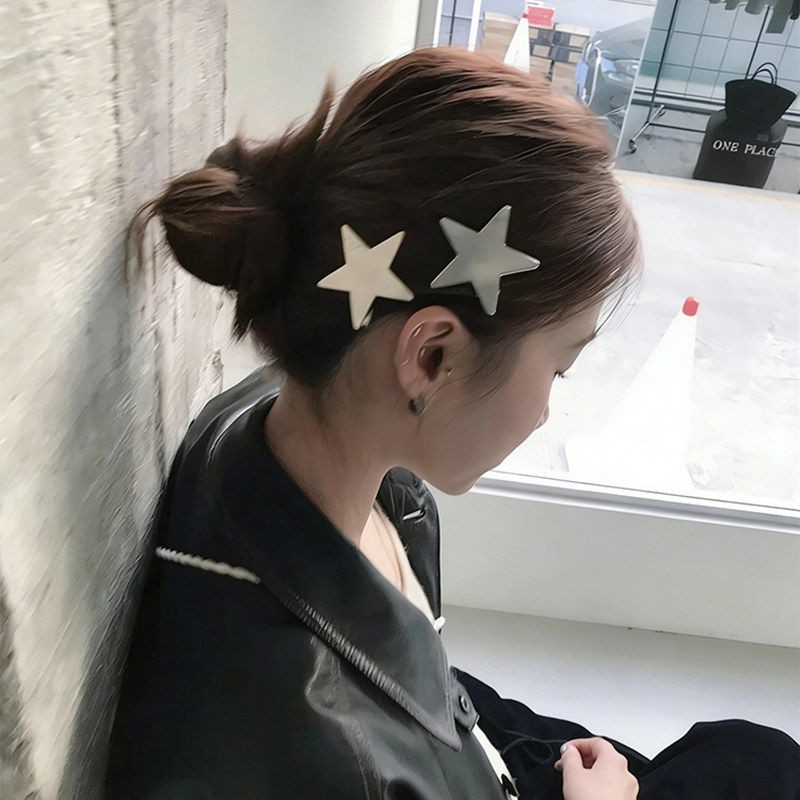 韩系甜酷银色拉丝星星发夹女个性潮流无痕刘海夹简约百搭边夹发饰