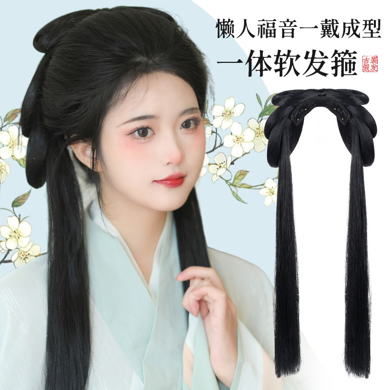 汉服头饰古装假发包懒人发箍一体式女盘发造型蝴蝶结发髻古风发饰
