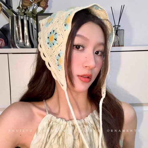 法式田园风头巾女2025新款夏季手工针织薄款包头显脸小防晒三角巾