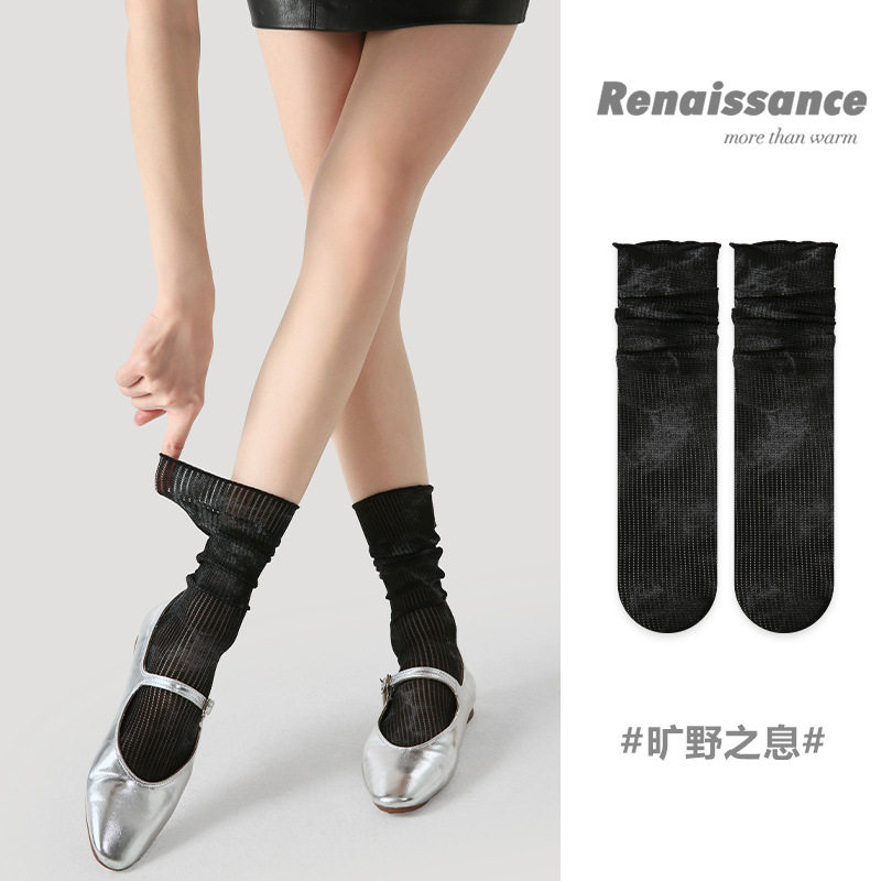 Renaissance春夏季黑白公主袜子女日系JK洛丽塔薄款透气中长筒袜