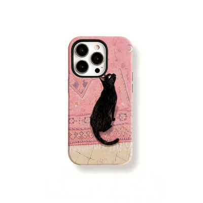 复古油画望月黑猫适用苹果15promax手机壳iPhone16plus原创ins小众不撞壳17air卡通xr13华为OPPOVIVO三星小米