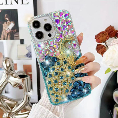 奢华满钻孔雀苹果14手机壳iPhone17 pro max保护套女神款16plus小众15大牌13/12带水钻11镶钻puls日韩air时尚
