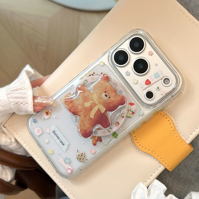 ins韩系卡通手账风小熊适用17苹果17promax手机壳iphone16磁吸支架15透明13高颜值新款14可爱少女12全包防摔