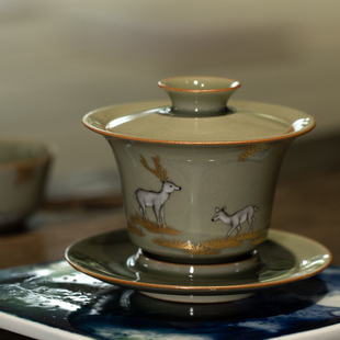 望龙功夫茶盖碗汝窑茶具三件套装景德镇中式家用泡茶三才盖碗茶器