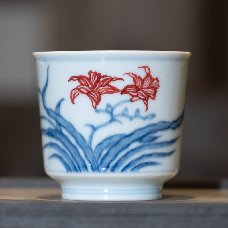景德镇陶瓷釉里红百合主人杯望龙柴窑古法烧制一个人精致喝茶茶具