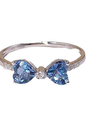 帕诗韵s925纯银镶嵌蓝钻蝴蝶结戒指轻奢浪漫海蓝甜美精致指环女士