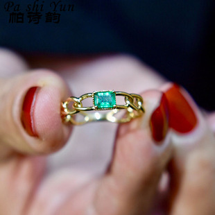 帕诗韵新款欧美风S925纯银镶嵌祖母绿色方钻链条戒指个性潮流指环