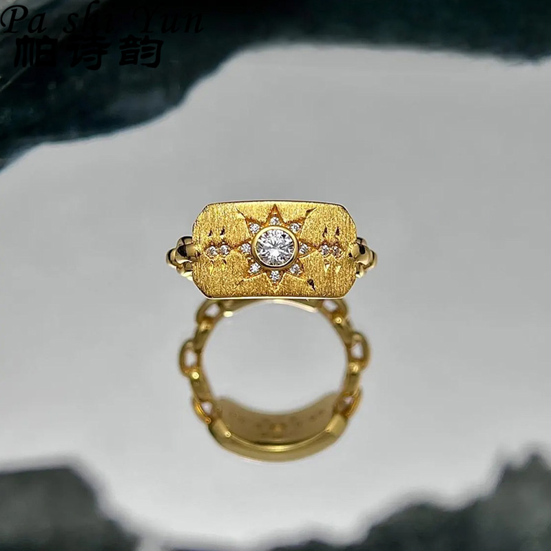 帕诗韵vintage中古风金色拉丝款镶钻八芒星戒指S925纯银贵气指环