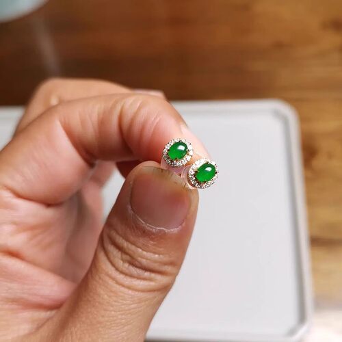 天然玉髓冰透种阳绿蛋面耳钉百搭