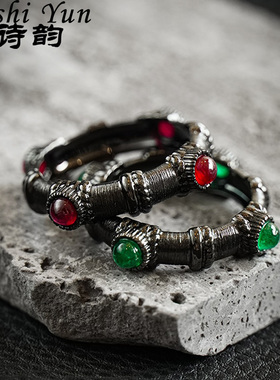 帕诗韵时尚潮流嘻哈欧美风手工拉丝布契拉提黑金工艺戒指个性气质