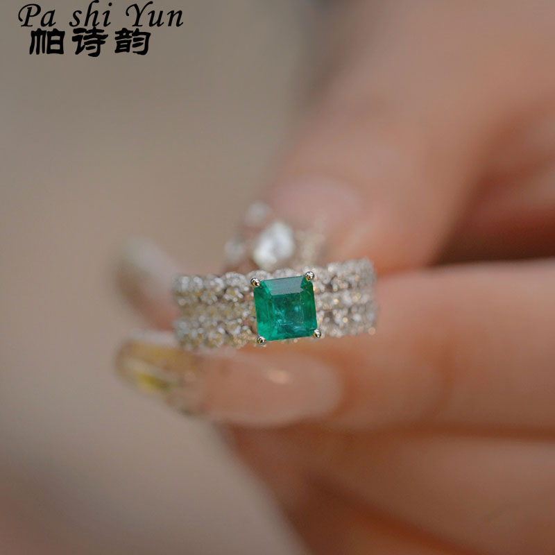 帕诗韵纯银嵌双排钻祖母绿色戒指
