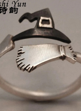 帕诗韵s925纯银欧美风万圣节幽灵女巫扫帚指环欢乐节日南瓜帽戒指