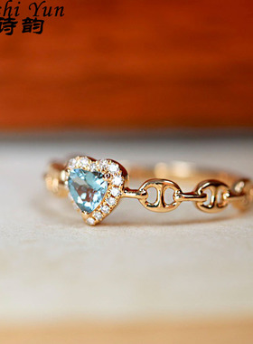 帕诗韵S925纯银海蓝色爱心戒指