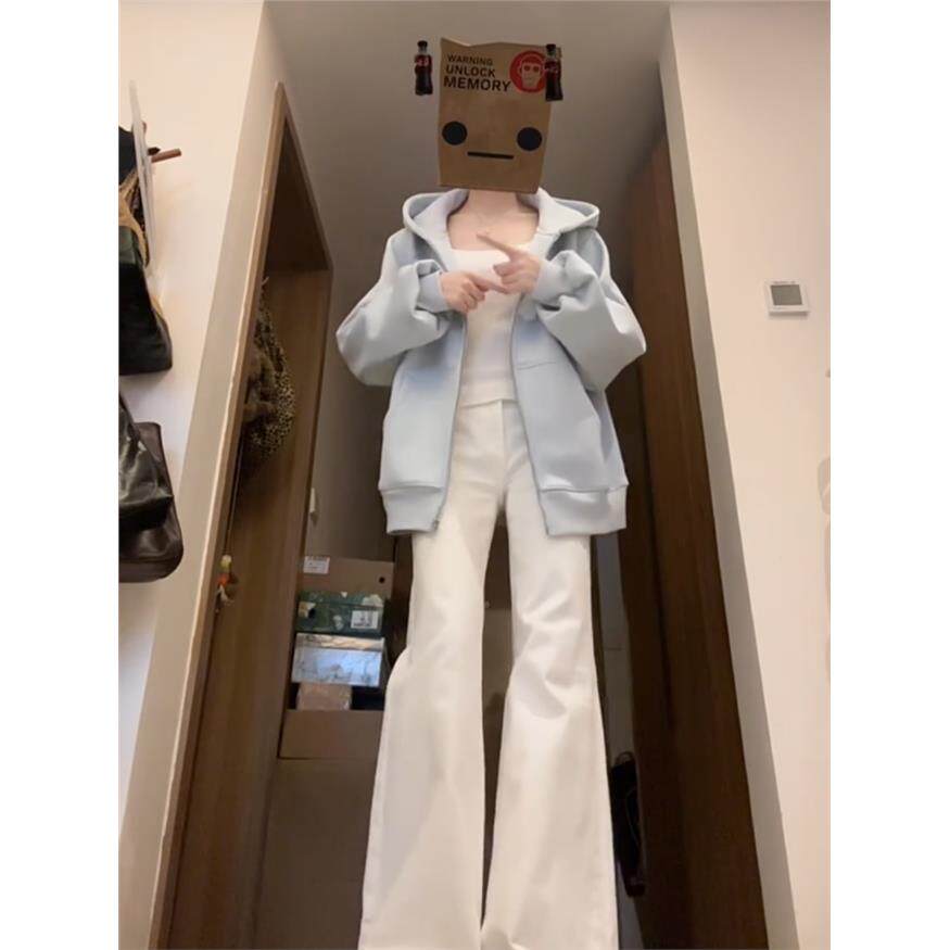 韩系巨好看浅蓝色卫衣外套女早春秋装初中生连帽拉链开衫oversize