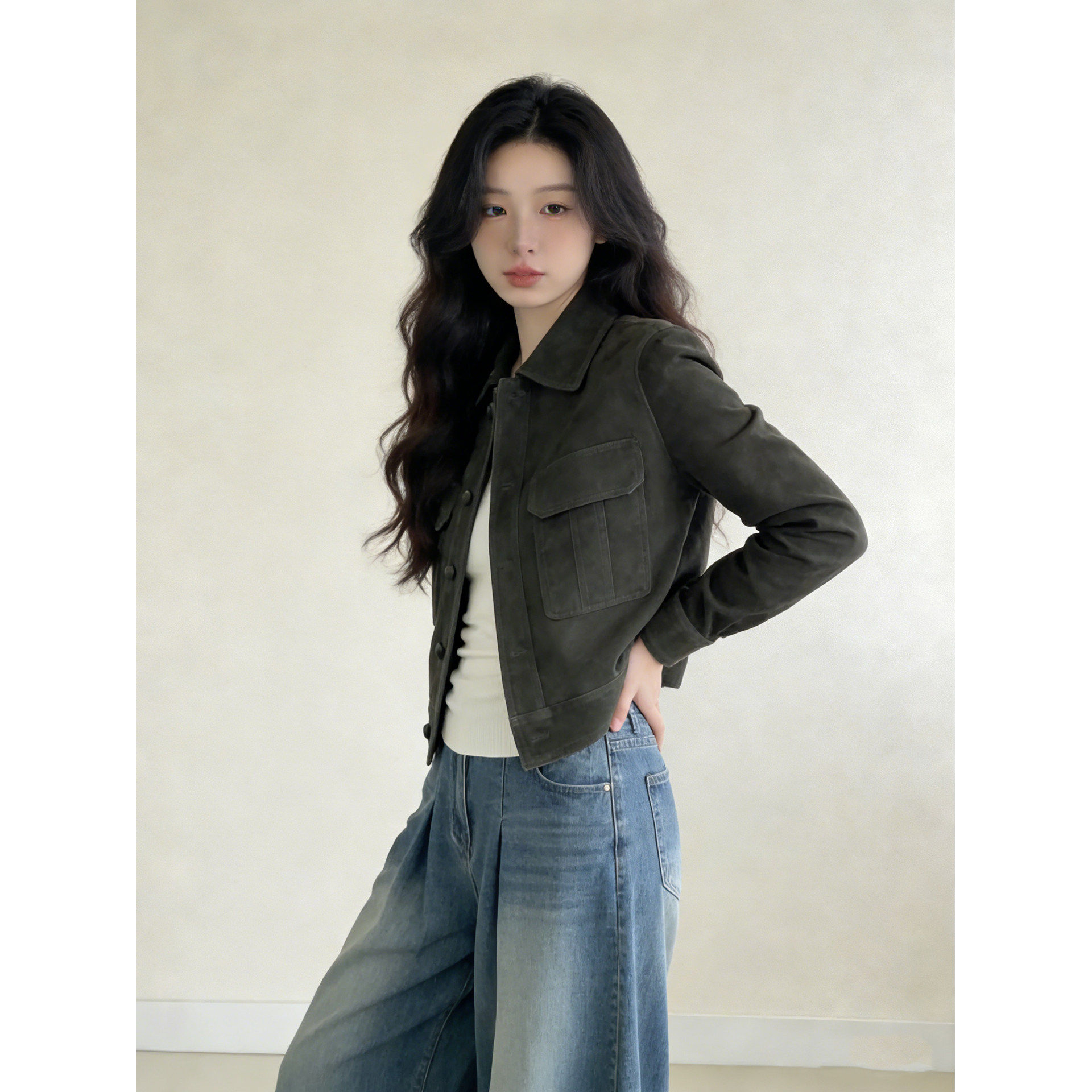 美式复古绿色麂皮短款外套女2026春季新款酷飒风机车皮衣夹克上衣