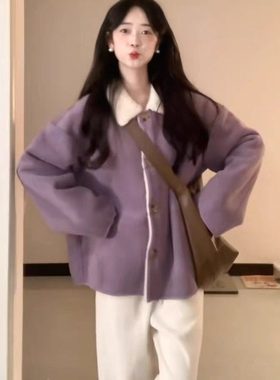 紫色冬季外套女2025新款宽松百搭麂皮一体翻领加绒加厚保暖羊羔毛