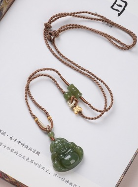 天然和田玉弥勒佛项链S925银蝴蝶编织高级感玉石