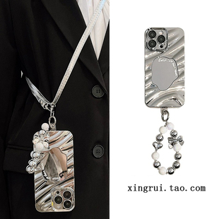 iphone17promax手机壳苹果16高级感ins银色电镀镜子15plus可背可调节12斜跨带挂绳手链14PRO女款7P硅胶x软壳8