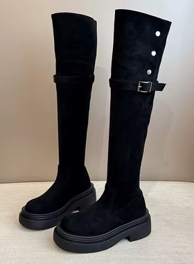 2025冬季新款高筒翻毛卷毛口皮带扣雪地靴厚底骑士靴保暖9580