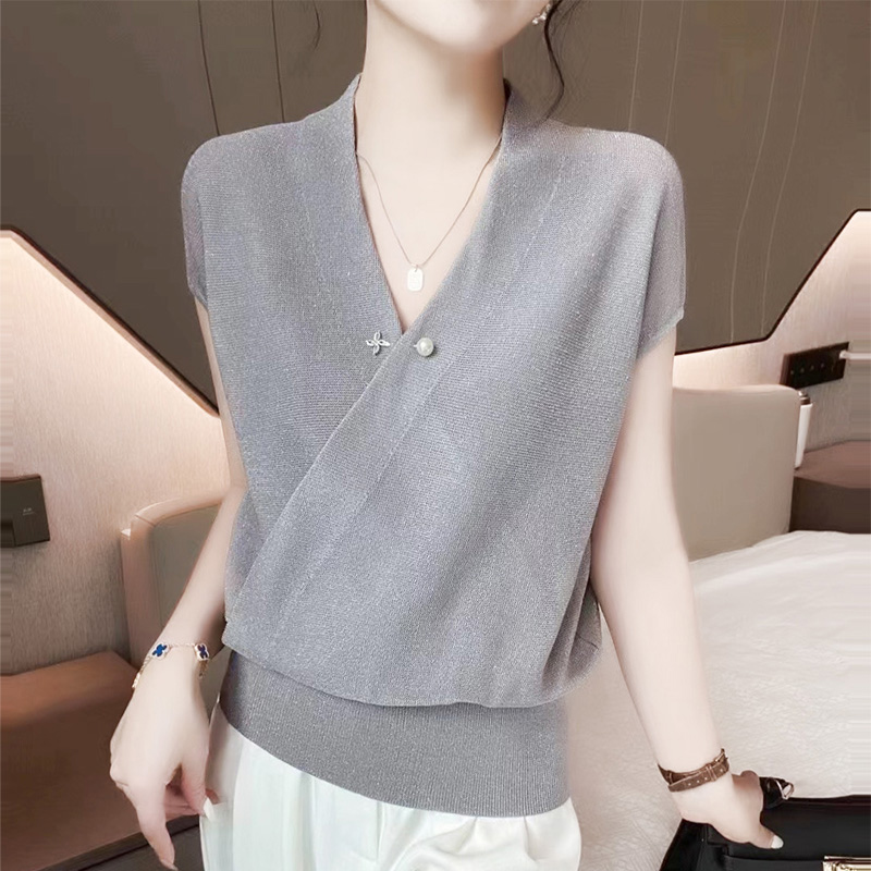 针织T恤女珍珠扣知性优雅交叉