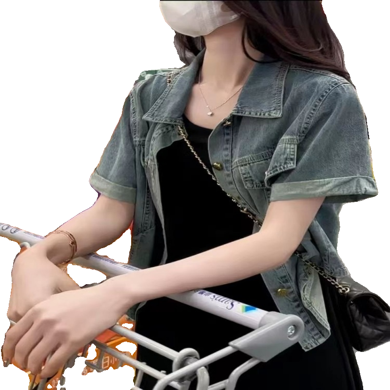 polo领设计感牛仔外套女宽松百搭短袖小衫通勤减龄显瘦夏洋气上衣