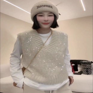 套头背心打底毛线衫 马甲宽松V领亮片无袖 女慵懒风针织衫 秋冬新款