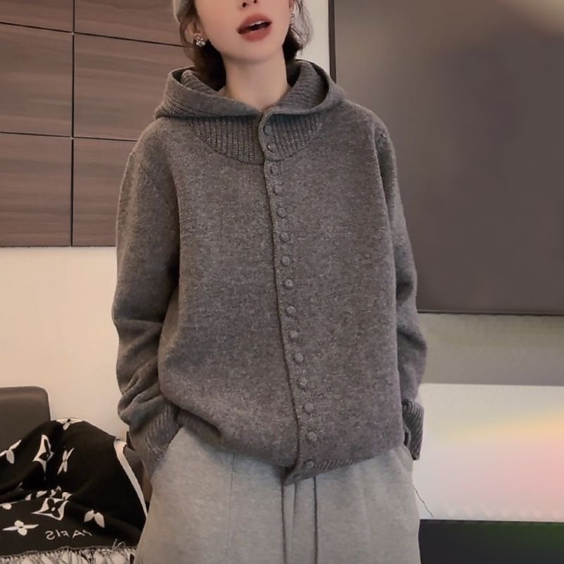 灰色连帽毛衣女小众秋冬季慵懒风软糯宽松洋气针织开衫外穿上衣潮