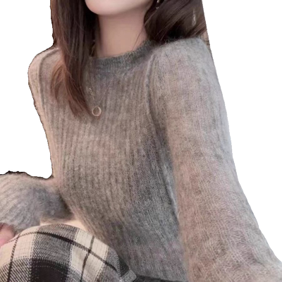 软糯马海毛针织打底衫女秋冬2024纯色法式修身显瘦内搭喇叭袖上衣