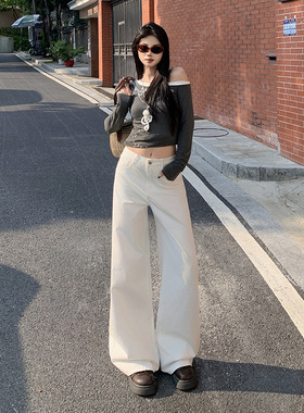 白色阔腿牛仔裤女2025秋冬新款高腰显瘦宽松百搭简约拖地裤