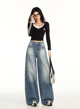 复古美式高腰毛边磨白水洗直筒阔腿牛仔裤