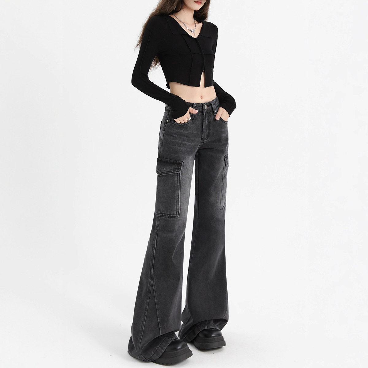 美式黑灰工装牛仔裤女秋冬新款宽松多口袋显瘦直筒休闲微喇裤黑色,女装/女士精品,牛仔裤,淘宝优惠券,粉丝福利购,淘宝优惠卷