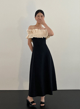 NEW OPENING黑标高定款法式名媛一字肩连衣裙女两穿礼服长裙