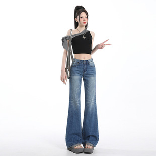 7717#复古低腰微喇牛仔裤女新款深蓝色显瘦不贴腿拖地喇叭裤