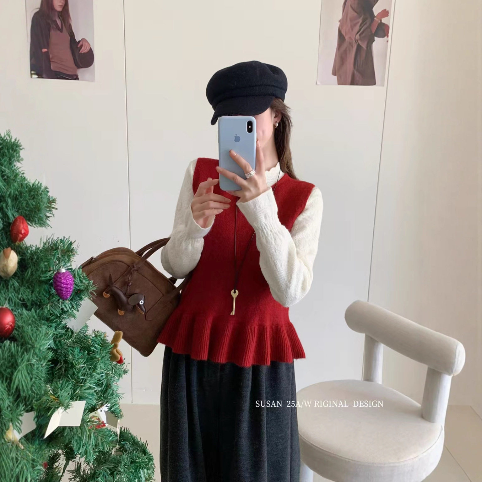 苏珊 韩系女装新款荷叶边圆领无袖针织背心马甲外搭上衣