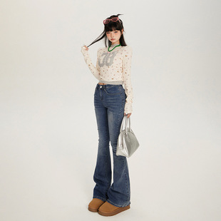 复古高腰喇叭牛仔裤女修身显瘦九分长裤