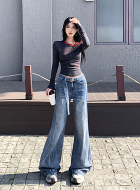 秋季高腰微喇叭牛仔裤女百搭通勤不贴腿美式喇叭裤