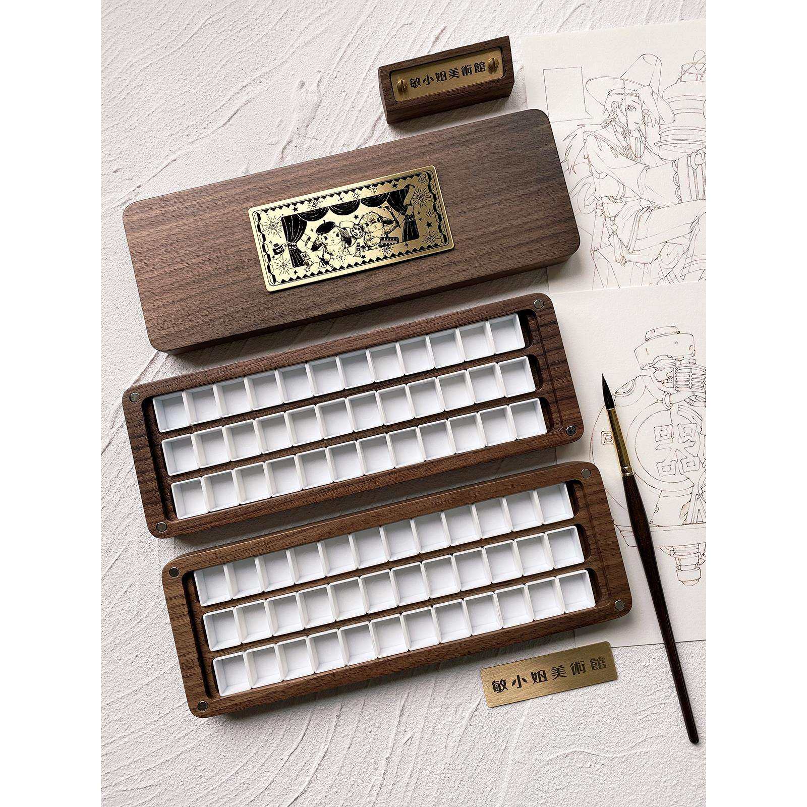水粉颜料分装盒木水彩颜料空盒36色国画颜料盒108色分装复古文艺
