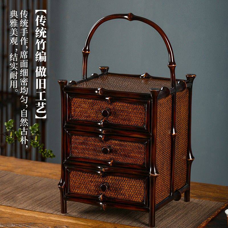 紫竹茶棚桌面明式茶柜茶具收纳柜带抽屉竹编提盒筇竹家具