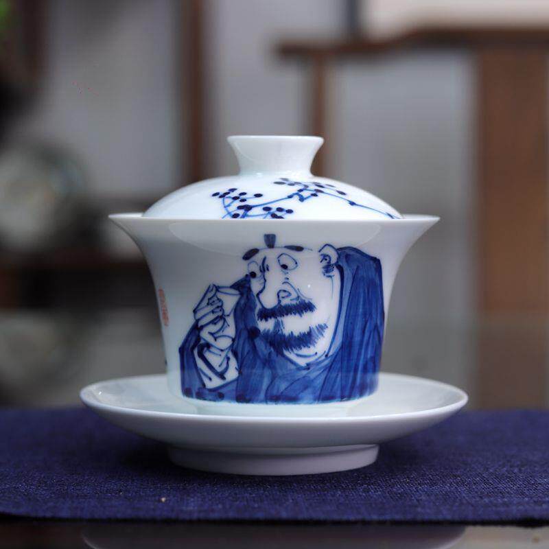九希堂陈胜波釉下青花瓷人物画三才盖碗写意钟馗文人画泡茶碗马蹄