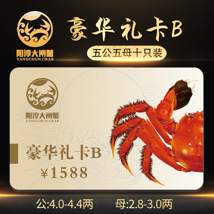 阳淳牌大闸蟹豪华礼卡1588型大闸蟹礼卡4.0公/3.0母五对十只装