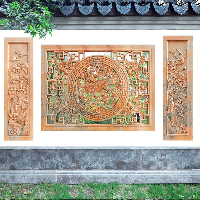 石雕影壁墙壁画青石地雕祥云中式庭院地面装饰镂空窗花福字浮雕墙