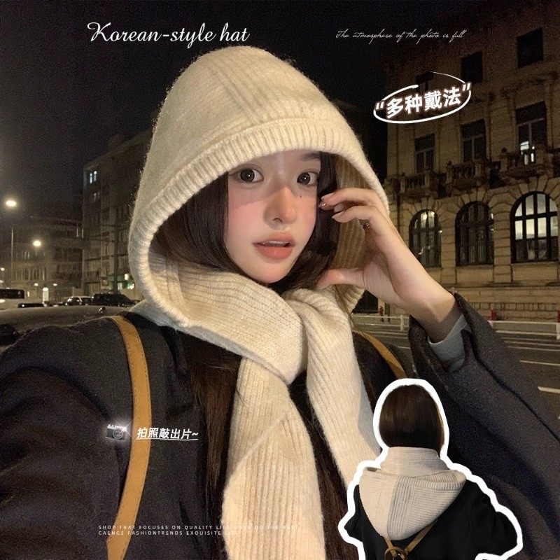 韩式针织连帽围巾一体女秋冬新款保暖加厚护耳毛线帽巴拉克拉法帽