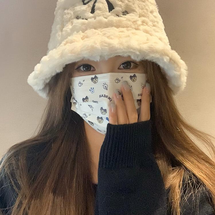 渔夫帽子女冬季2025新款毛绒加厚保暖水桶帽白色蝴蝶结显脸小盆帽