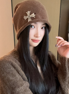 潮酷网红十字架堆堆帽女早秋冷帽女百搭重工大头围显脸小护耳帽女