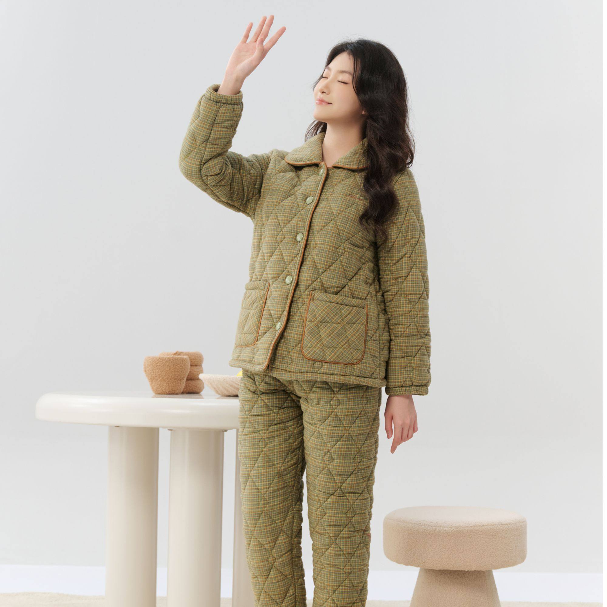 姬玛秋冬季睡衣女士保暖加厚加绒三层夹棉袄色织格子套装家居服